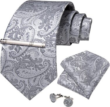 Набір краваток DiBanGu чоловічий: шовковий, з Paisley візерунком, краватка-метелик, затискач для краватки, запонки, для весілля та бізнесу, сірий