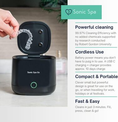 Ультразвуковий очищувач для елайнерів, ретейнерів та протезів з таблетками Boostab - портативний бездротовий пристрій для Invisalign, капп, захисних кап та зубних апаратів (чорний)