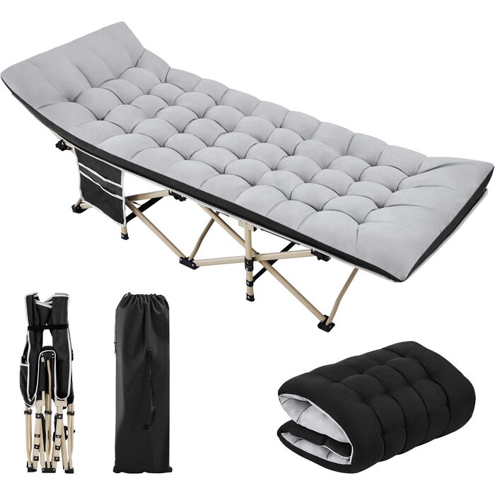 Ліжко складане Yaheetech з матрацом для кемпінгу, сіре (191x67 см, до 150 кг) + Чохол та кишені