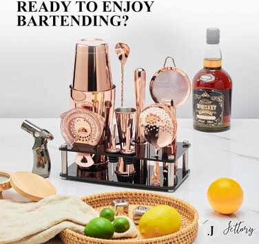 Набір шейкерів Boston - 16 предметів, нержавіюча сталь, рожеве золото, з акриловою основою, сито, щипці для льоду, барна ложка, мірний стакан, мадлер, виливач для пляшок та коктейльні шпажки