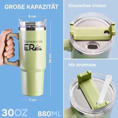 Термокружка з трубочкою 880мл, з кришкою та ручкою, 30oz, з нержавіючої сталі, ізольована, велика, з ручкою, для подорожей, кавова, на виніс XXL (Зелена)