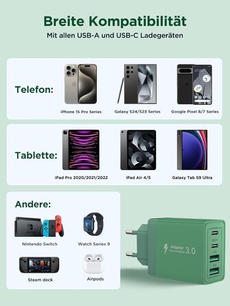 Зарядний пристрій USB-C 40W, мережевий адаптер з QC USB-A та USB-C, швидка зарядка для iPhone, Samsung та інших пристроїв (Темно-зелений)