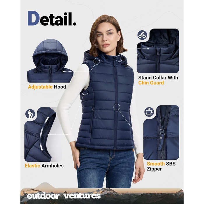 Стьобана жилетка Outdoor Ventures для жінок з капюшоном, гібридна спортивна жилетка для туризму, кемпінгу та велоспорту, темно-синій, XXL