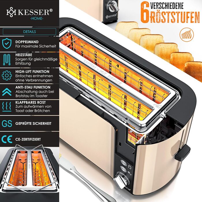 KESSER® Toaster with Roll Attachment, Automatic Long-Slot Toaster with 6 Browning Levels + Defrost & Reheat Function, Automatic Shut-Off, Lift Function, incl. Crumb Tray and Recipe Book, Anthracite Black / Anthracite