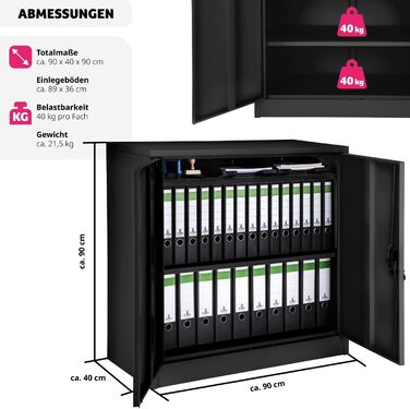 Металевий офісний шафа Tectake з замком, 3 полиці, 90x40x90 см, чорний