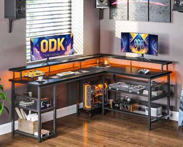 Ігровий стіл ODK з LED-підсвіткою, кутовий, з 2 розетками та 2 USB-портами, великий чорний письмовий стіл 168×120 см з сітчастою полицею