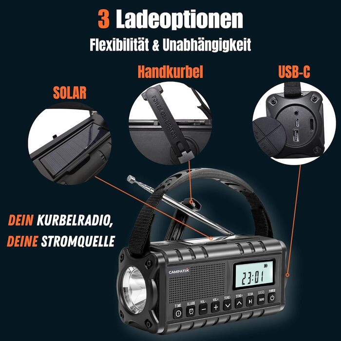 Радіо на сонячній енергії та з ручкою, 20000 mAh Powerbank, Радіо для надзвичайних ситуацій, кемпінгу та виживання, AM/FM радіо з LCD-дисплеєм, USB-C зарядка, LED ліхтарик, світло для читання, SOS-сигнал