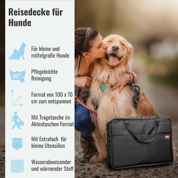 Килимок для собак Achilles Reisedecke, м'який, з імітацією овечої вовни, 100x70 см, чорний, для подорожей, з сумкою, можна прати