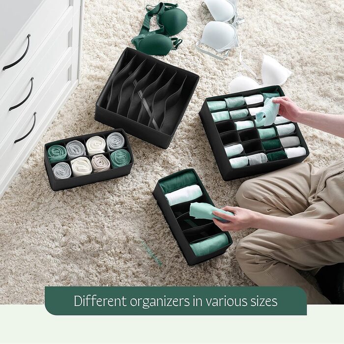 Styleys Set of 4 Foldable Storage Boxes, Drawer Dividers, Odorless Interior Lining, Storage Boxes, Closet Organizer, Under-Bed Organizer for Clothes, Shoes, Underwear, Bras, (Black - S1014)