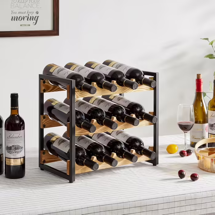 IBUYKE Wine Rack, Freestanding Wine Storage Rack, 4-Tier Shelf, For Bar Counter, Restaurant, Kitchen, Table Shelf Wine Holder, Black TMJ903H (Wood, 12 Bottles)