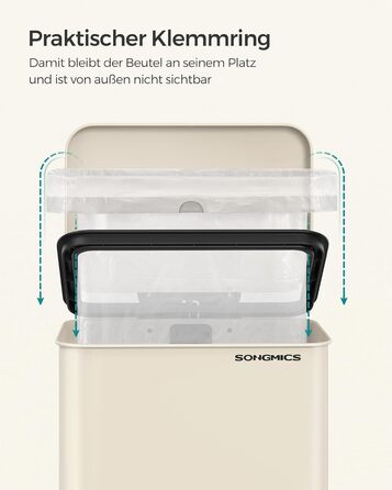 Відро для сміття SONGMICS 40 л, сталеве, з м'яким закриттям, з мішками, пісочно-бежеве (LTB540A02)