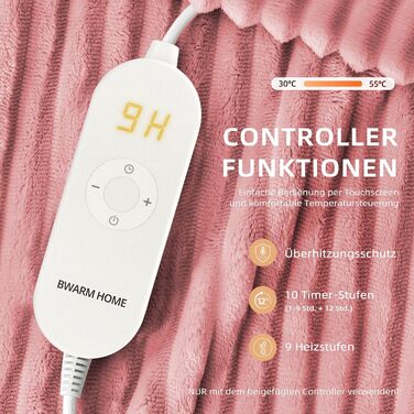 Електрична ковдра з підігрівом 130x180 см з таймером та захистом від перегріву, 9 рівнів нагріву, функція пам'яті, для ліжка, офісу (Рожеста смугаста)