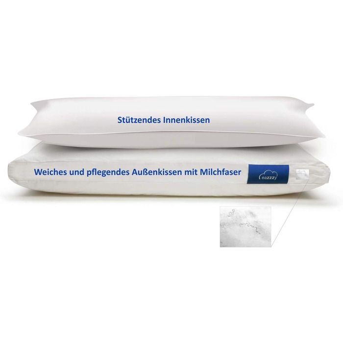 Genius eazzzy Pillow 80x80 cm - orthopedic sleeping pillow for restful sleep with hypoallergenic cover made of Aloe Vera + milk fibers | washable & dryer-safe