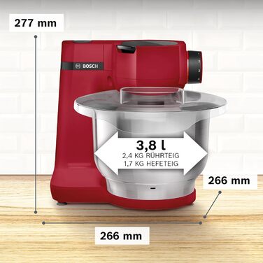 Кухонний комбайн Bosch Serie 2 MUMS2ER01, 700 Вт, 3,8 л, з нержавіючої сталі, планетарний міксер, насадки для замішування тіста, збивання та різання, 3 диски, червоний