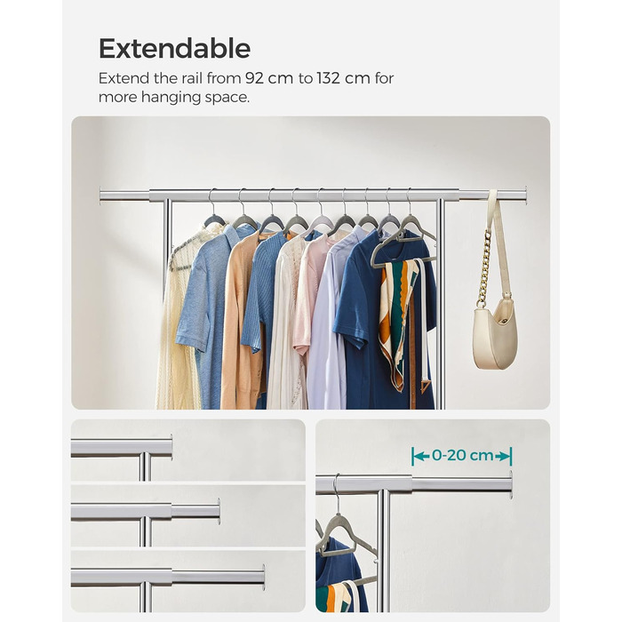 SONGMICS Heavy-Duty Clothes Rack, 2-Piece Set, Rolling Garment Rack, Holds up to 90 kg, with Extendable Wardrobe Rack, Folding Base, Shelf for Boxes, Silver HSR013S02