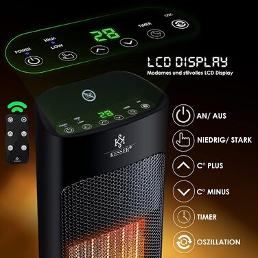 Обігрівач KESSER® 2000W з пультом керування, керамічний, тихий, з осциляцією, таймером, чорний