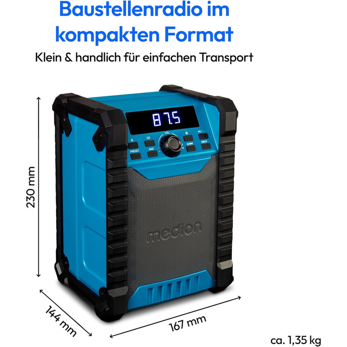MEDION E66877 DAB+ Радіо для будівельних майданчиків: Bluetooth 5.0, IP44 (вологозахист), LED-ліхтар, акумулятор та мережа, DAB+ радіоприймач