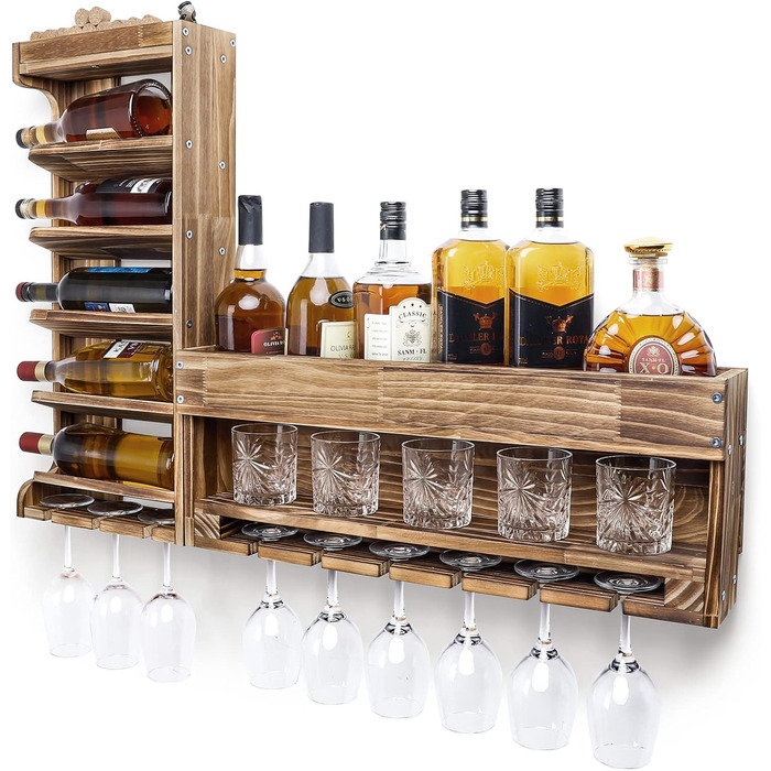 Стійка для вина Yorbay з підігрітим деревом, настінна з тримачем для корку, для келихів для вина та віскі, утримувач для пляшок, домашній бар, вінтаж, подарунок (без LED)