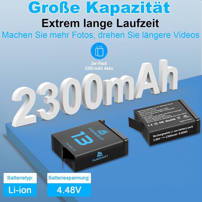 Зарядний комплект для GoPro Hero 13 Black: 2 акумулятори 2300mAh та швидке зарядне пристрій USB Type-C PD3.0 (2 шт.)