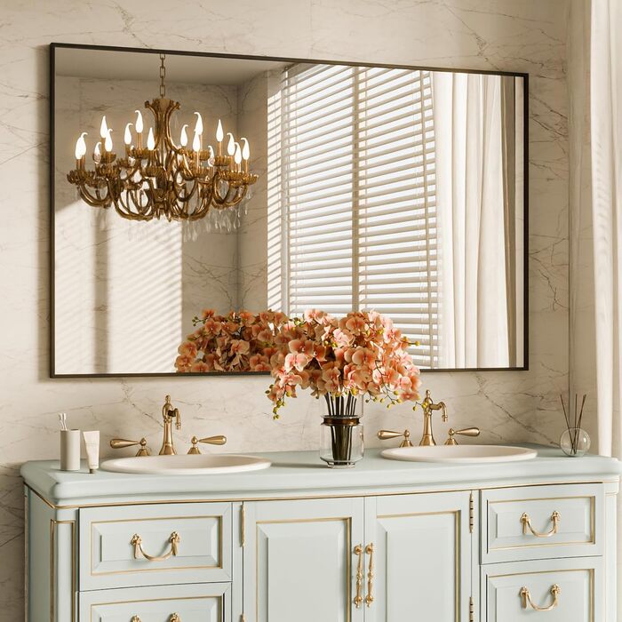 BEAUTYPEAK Дзеркало настінне прямокутне 81x61 см з металевим каркасом, безпечне для ванної кімнати, для ванної, спальні, вітальні (Чорний)