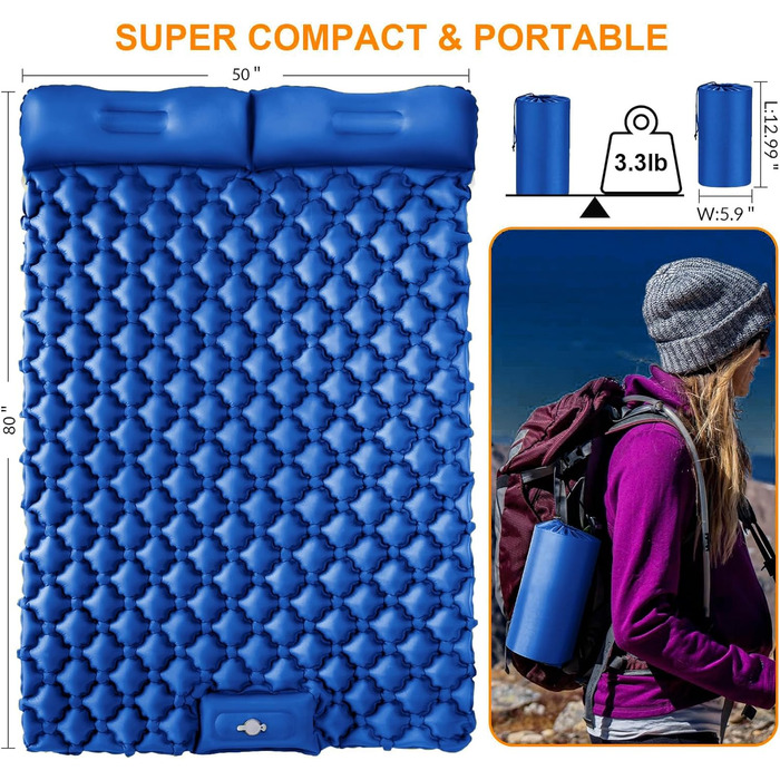 Двоспальний килимок для кемпінгу, самонадувний, 10.2 см, з подушкою, інтегрована фумпочка, для 2 осіб, блакитний