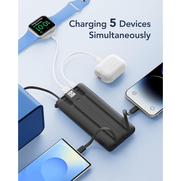 Power Bank VRURC 10000mAh з 4 кабелями, портативний акумулятор USB-C для iPhone/Huawei/Samsung, LED-дисплей, 5 виходів, чорний
