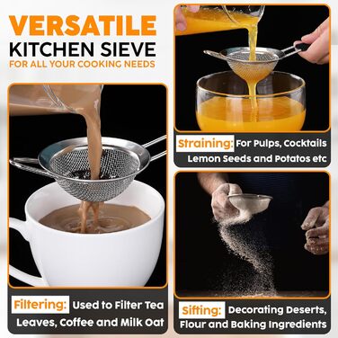 Набір сит Jojeys 3 розмірів – металеві сита з нержавіючої сталі, дрібний отвір – кухонні сита з нержавіючої сталі для приготування їжі, випічки – придатні для миття в посудомийній машині (8 см з гумовою ручкою)