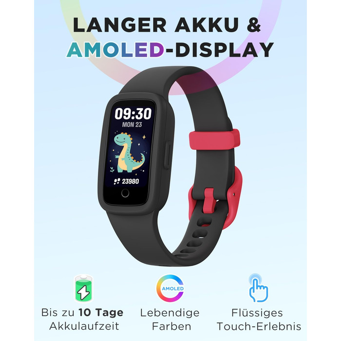 Дитячий фітнес-браслет BIGGERFIVE Vigor 3 з AMOLED дисплеєм, водонепроникний (3ATM), пульсометр, трекер сну, крокомір для дітей 5-12 років, чорний