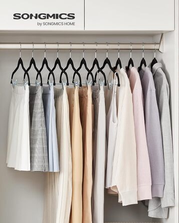 SONGMICS Velvet Clothes Hangers, 20-Piece Set, Skirt Hanger, 42.5 cm wide, with adjustable clips, non-slip, space-saving, for trousers, coats, dresses, black CRF012B20