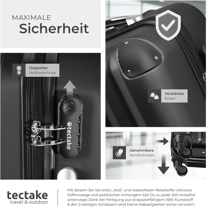 Набір валіз Tectake 3шт з ваговою та білгетом, M-L-XL, ABS, телескопічна ручка, чорний
