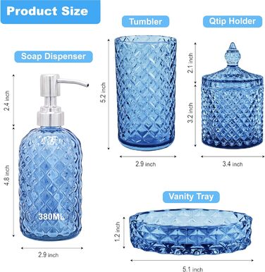 Набір аксесуарів для ванної кімнати, блакитний, 4 шт. - скляний диспенсер для мила, тримач для зубних щіток, мильниця, контейнер для ватних паличок. Сучасний декор для ванної кімнати, світло-блакитний колір