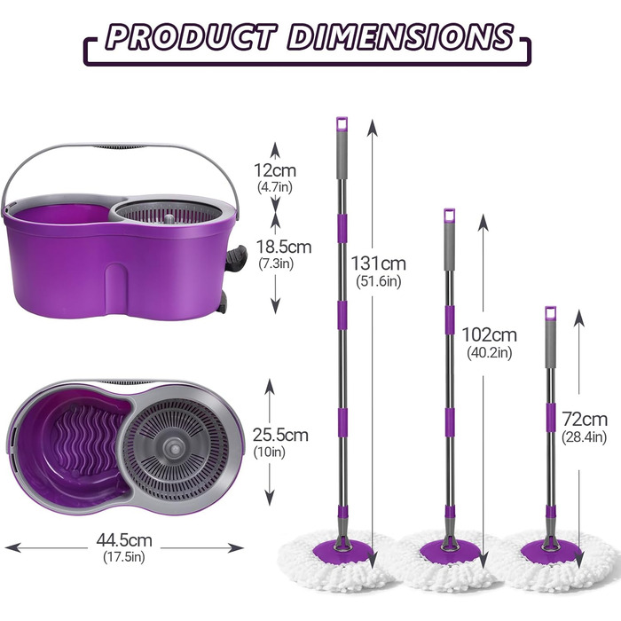 Мастхом Вішмоп-Еймерсистема: обертовий моп 360°, відро з вичавкою, мікрофібра, 3 насадки, система для миття підлоги (фіолетовий)
