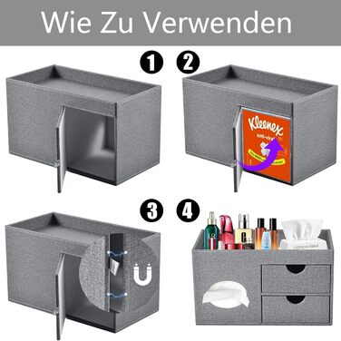 Tissue Box Linen with Drawers, Square Cosmetic Tissue Box with Magnetic Closure, Tissue Box with Side Pocket for Mobile Phones, Cosmetic Brushes, Remote Controls, Office Supplies, Perfumes (Gray)