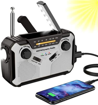 Радіо Solar Radio AM/FM портативне, з ручним генератором, аварійне радіо з акумулятором 4000mAh, ліхтарик, SOS-сигнал для кемпінгу, відпочинку на природі та надзвичайних ситуацій (сірий)
