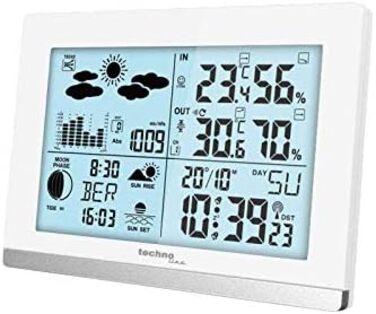 Метеостанція Techno Line WS 6762 з зовнішнім датчиком, DCF годинник, термометр (внутрішній/зовнішній), гігрометр, прогноз погоди, фази місяця, LCD-дисплей, будильник, біла