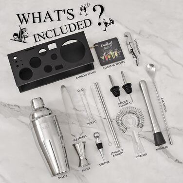 750ml Stainless Steel Cocktail Shaker Set with Bamboo Stand & Recipe Book - 17 Piece Bar Set for Bartenders, Gifts for Women (Black Silver)