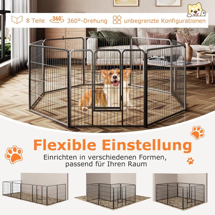 Металевий вольєр для собак, котів, кроликів COSTWAY 80 см, 8-секційний, з дверцятами на замок, чорний