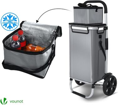 Складний алюмінієвий візок для покупок VOUNOT 50 л, водонепроникна сумка з термовідділенням, 2 великі колеса з захистом, для сходів, сірий
