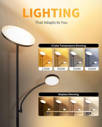 Стійка лампа LuminexDesigns з регулюванням яскравості, 36W+7W LED, 3200LM+600LM, 2700K-6500K, чорний колір. Сучасна підлогова лампа для вітальні з пультом дистанційного керування та функцією настільної лампи.