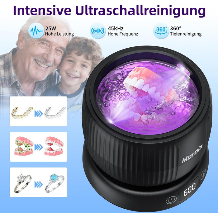 Ультразвуковий очищувач для зубних протезів, кап, брекетів та ювелірних виробів 200 мл, 45000 Гц, з УФ-лампою, чорний