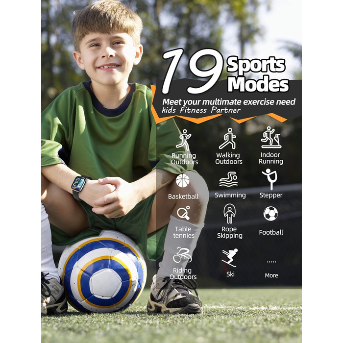Дитячий розумний годинник Kinder Smartwatch для хлопчиків та дівчаток. Водонепроникний фітнес-трекер IP68, моніторинг серцевого ритму та сну, 19 спортивних режимів, крокомір, будильник. Подарунок для дітей від 5 років. Чорний колір.