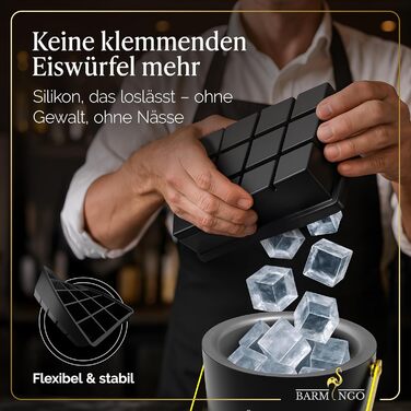 Форма для льоду BARMINGO Silikon з кришкою (набір 3 шт.) – без BPA, великі/XXL кубики льоду | Форма для льоду з великими кубиками, не протікає, придатна для миття в посудомийній машині | Ice Cube Tray, силіконові форми для льоду | Чорний, 15 XXL кубиків, 3 шт.