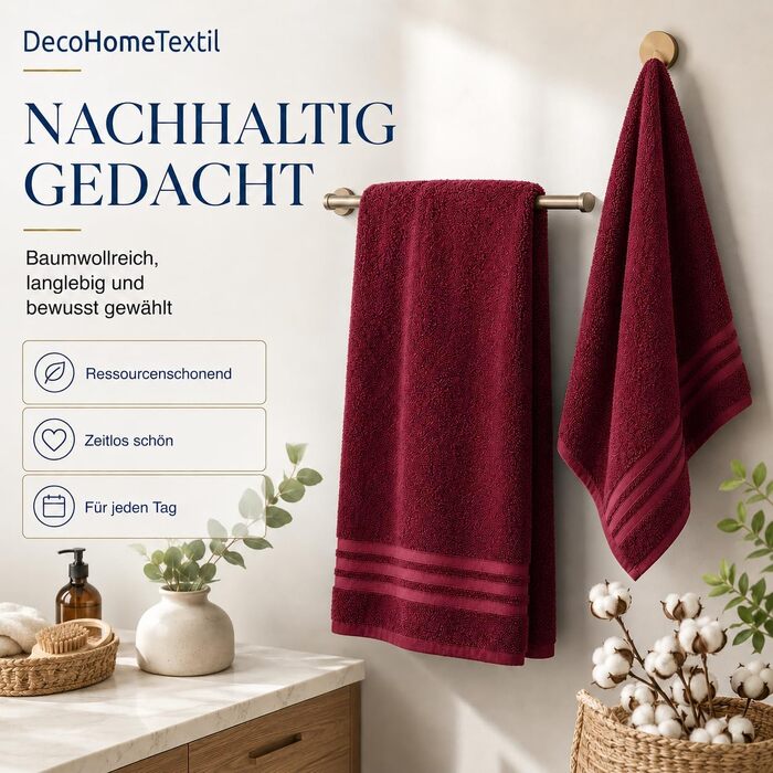 Набір махрових рушників DecoHomeTextil Eco (6 шт.), еко-серія, гігроскопічні та м'які, бордовий колір (4 рушники 70x140 см, 2 рушники 50x100 см)