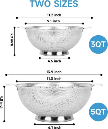 Дуршлаг кухонний 3QT + 5QT, 2 шт, нержавіюча сталь, з ручками для фруктів, овочів, безпечний для посудомийної машини