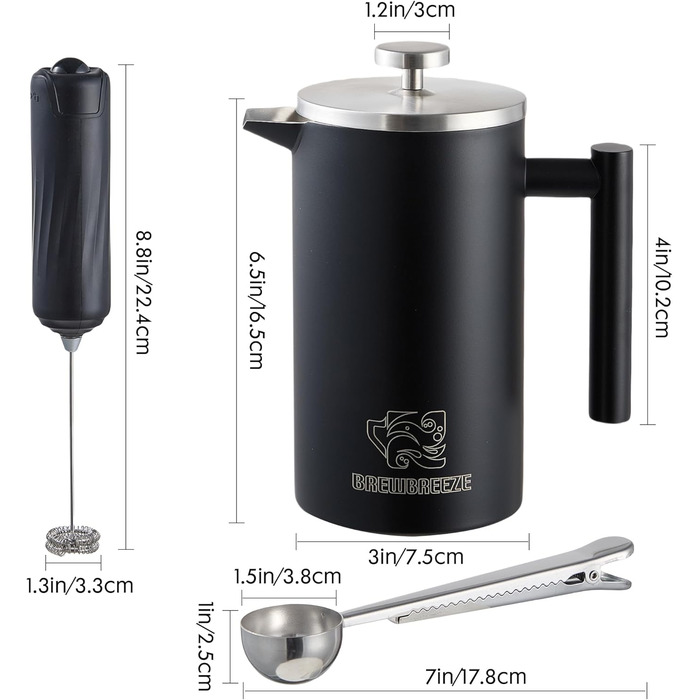 Набір для приготування кави френч-прес, термоізольований, з пітчером для спінювання молока, нержавіюча сталь (чорний, 1 літр)