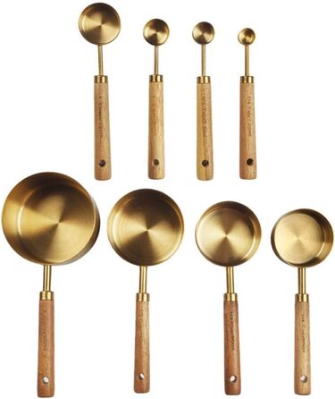 STOBAZA Measuring Cup and Spoon Set of 8 Stainless Steel Pieces, Stackable Measuring Cups and Kitchen Baking Utensils with Wooden Handle for Wine Ingredients, Milk Powder