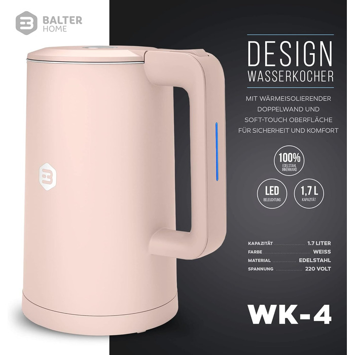 Balter Stainless Steel Kettle WK-4, 1.7 Liter, Electric Kettle, Double-Walled Design, BPA Free, LED, Compact Tea Kettle, Quiet (Black) (Pink)