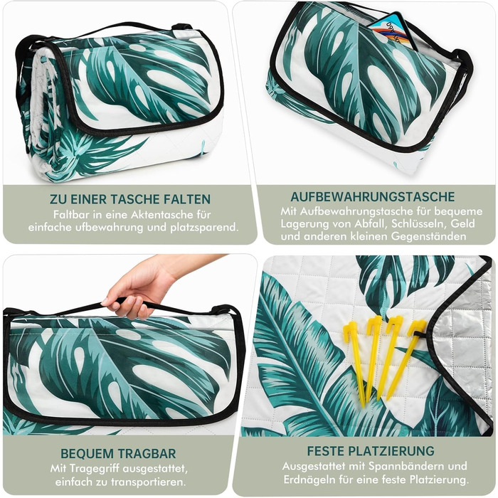 Плед для пікніка HAUSPROFI 200x300 см, водонепроникний, ізольований, зелений з квітковим малюнком. Для пляжу, кемпінгу, з ручкою та кілочками