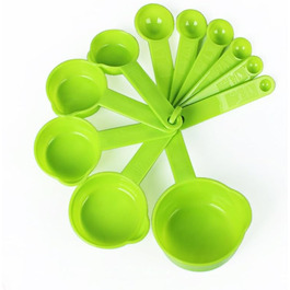 Plastic measuring cups and spoons set, set of 11 measuring cups and spoons, set for dry and liquid ingredients, 5 measuring cups and 6 measuring spoons, set for cooking and baking, color: Green