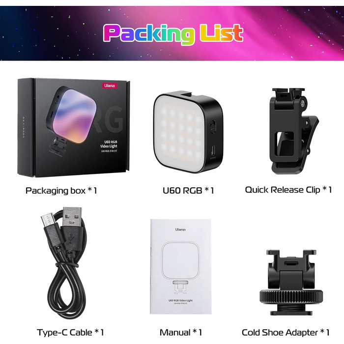 ULANZI U60 RGB LED Відеолампа: портативна фотоосвітлення з регулюванням температури кольору (2500-9000K), CRI 95+, 2500mAh, з кріпленням Cold Shoe та кліпсою